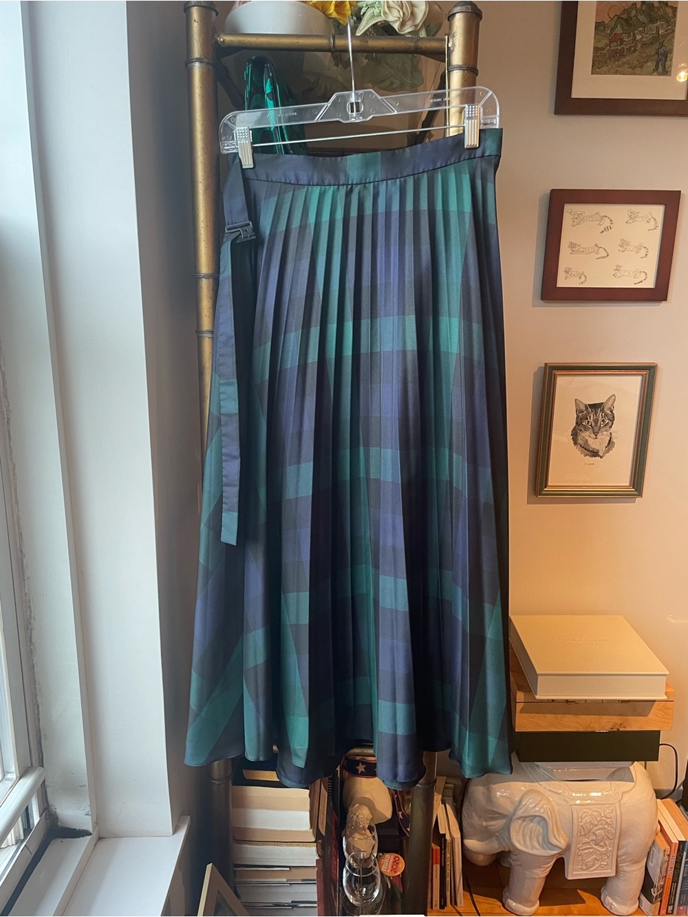 Sandro Green and Black Plaid Pleated Midi Skirt with Waist Tie Size 2 (FR) or M - Picture 5 of 5